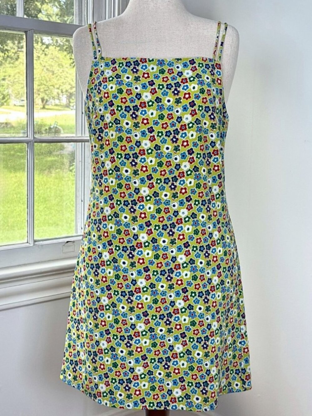 Vintage 90s Retro Green 60s Flower Print Slip Dress Medium Hippie Grunge Mod